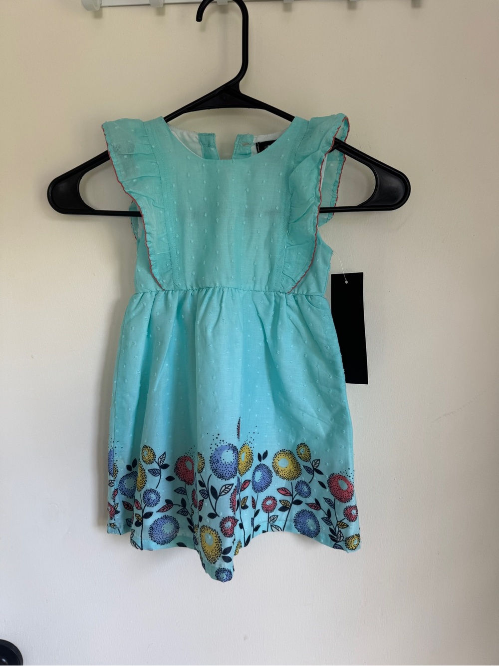 Girls' Aqua Floral Border Ruffle Dress